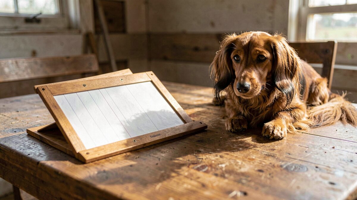A wooden breeding file folder open on a farm table in morning light, a long-haired dachshund resting nearby, wide framing.