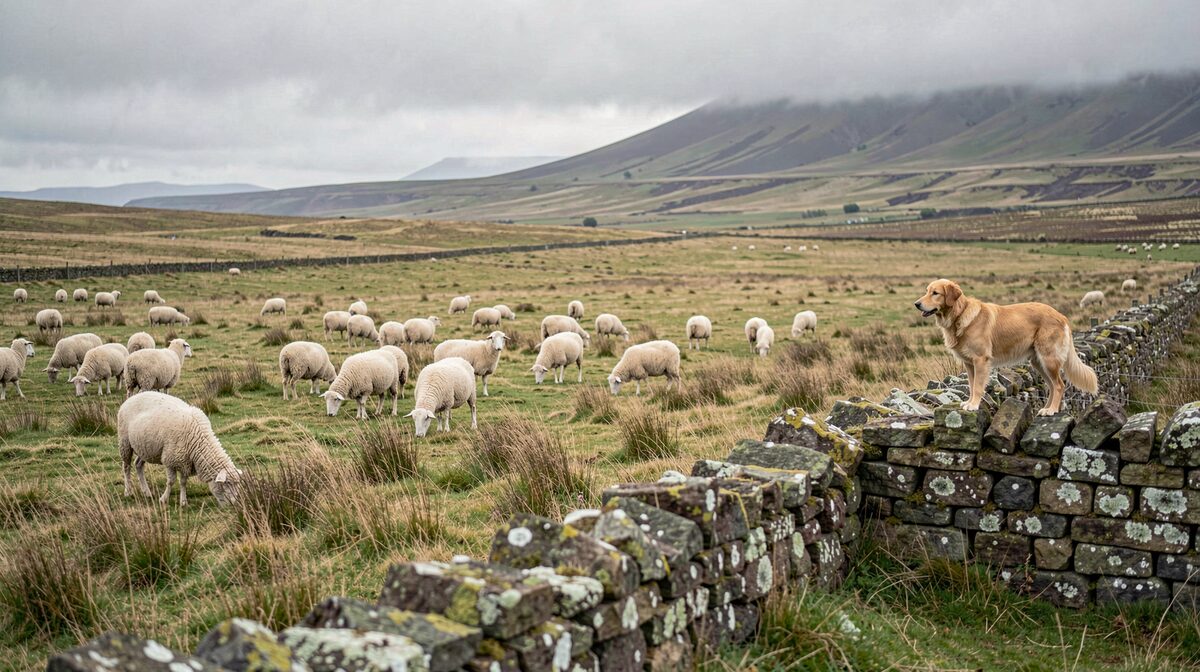 A windswept upland pasture on a volcanic plateau in central France, sheep grazing, a herding dog watching from a stone wall, overcast morning light, wide framing.