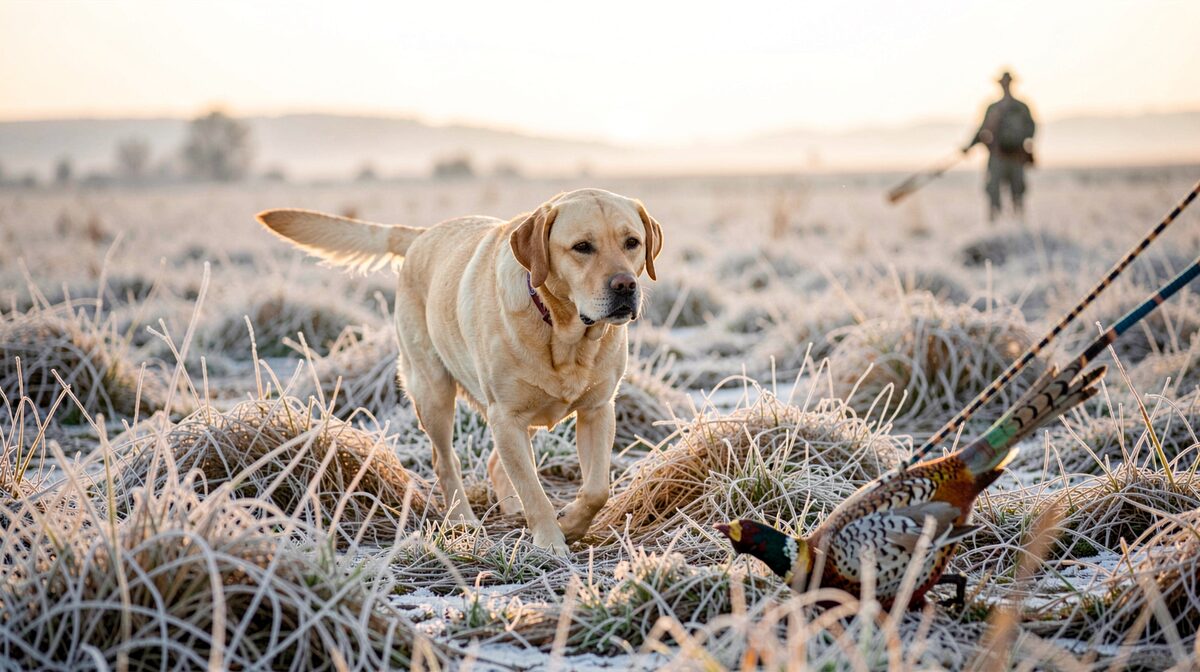 A yellow Labrador trotting through frost-covered CRP grass at sunrise in the northern plains, with a pheasant wing on a check cord visible in the foreground and a hunter's silhouette in the far background.