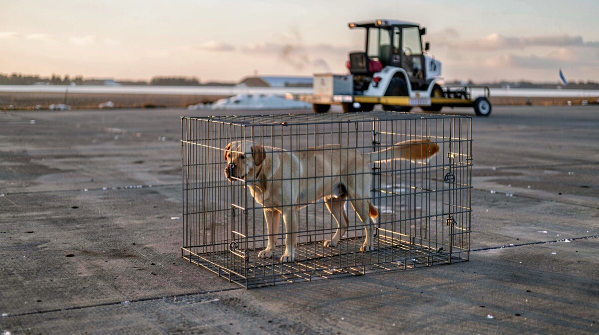 A wire crate on a concrete cargo apron at dawn, a Labrador standing inside, a baggage tug blurred behind it, low winter light raking across the tarmac.